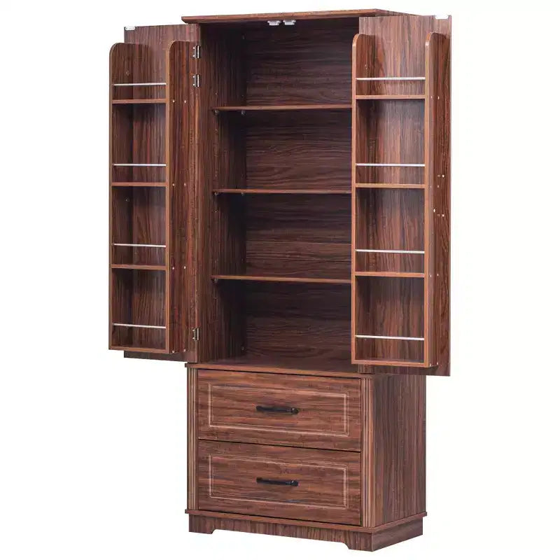 Armoire de garde-manger en bois de style Ferme avec 2 tiroirs et 8 étagères de porte 180 cm H