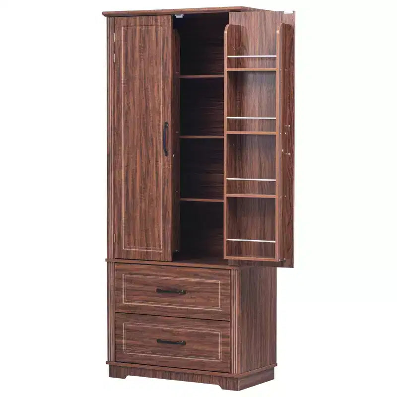 Armoire de garde-manger en bois de style Ferme avec 2 tiroirs et 8 étagères de porte 180 cm H