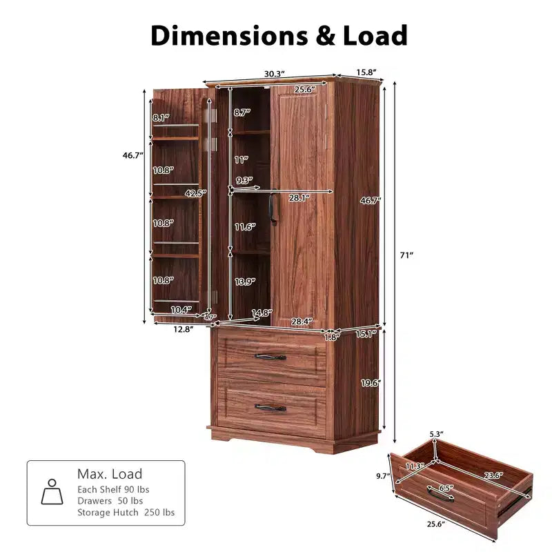 Armoire de garde-manger en bois de style Ferme avec 2 tiroirs et 8 étagères de porte 180 cm H