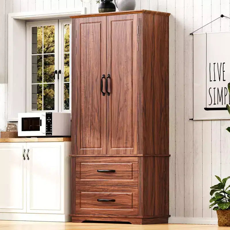 Armoire de garde-manger en bois de style Ferme avec 2 tiroirs et 8 étagères de porte 180 cm H