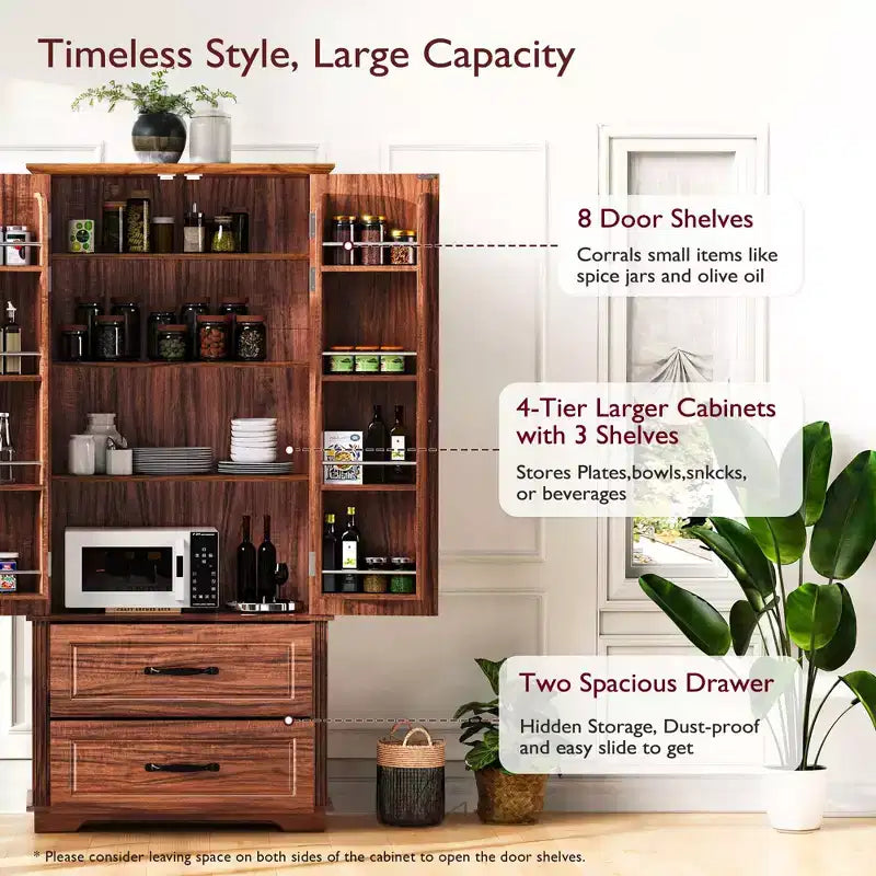 Armoire de garde-manger en bois de style Ferme avec 2 tiroirs et 8 étagères de porte 180 cm H
