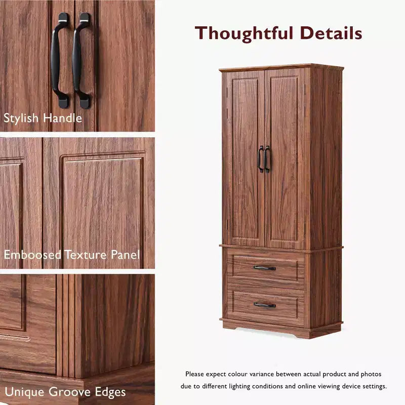 Armoire de garde-manger en bois de style Ferme avec 2 tiroirs et 8 étagères de porte 180 cm H