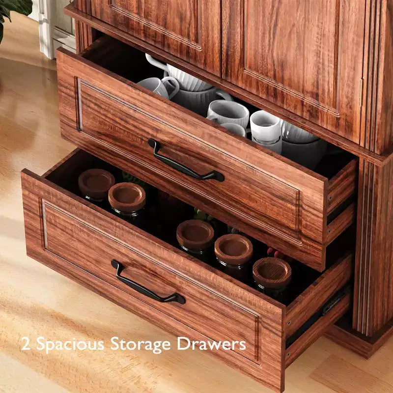 Armoire de garde-manger en bois de style Ferme avec 2 tiroirs et 8 étagères de porte 180 cm H