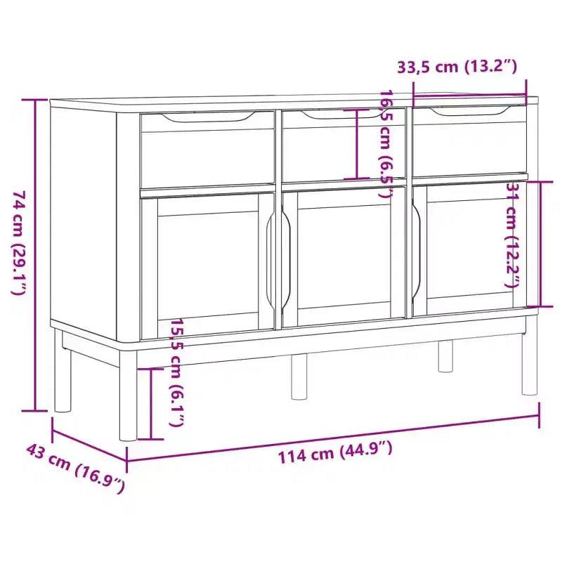 Buffet en MDF et pin massif avec 3 tiroirs et 2 portes, 113 cm (L) x 80 cm (H)