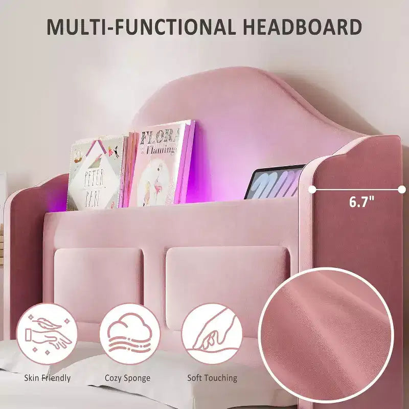 Lit plateforme double en métal avec revêtement en velours, tête de lit à oreilles et lumières LED