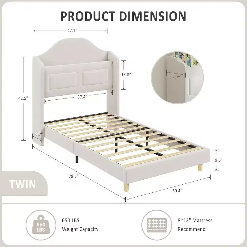 Lit plateforme double en métal avec revêtement en velours, tête de lit à oreilles et lumières LED