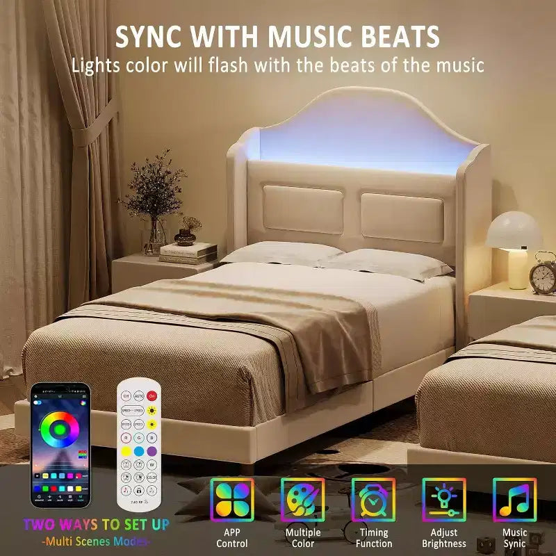 Lit plateforme double en métal avec revêtement en velours, tête de lit à oreilles et lumières LED