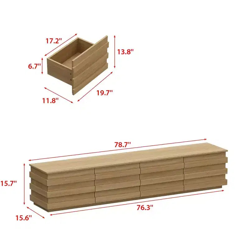 Meuble TV en bois avec bandes décoratives et tiroirs multiples, 78,7 po de large