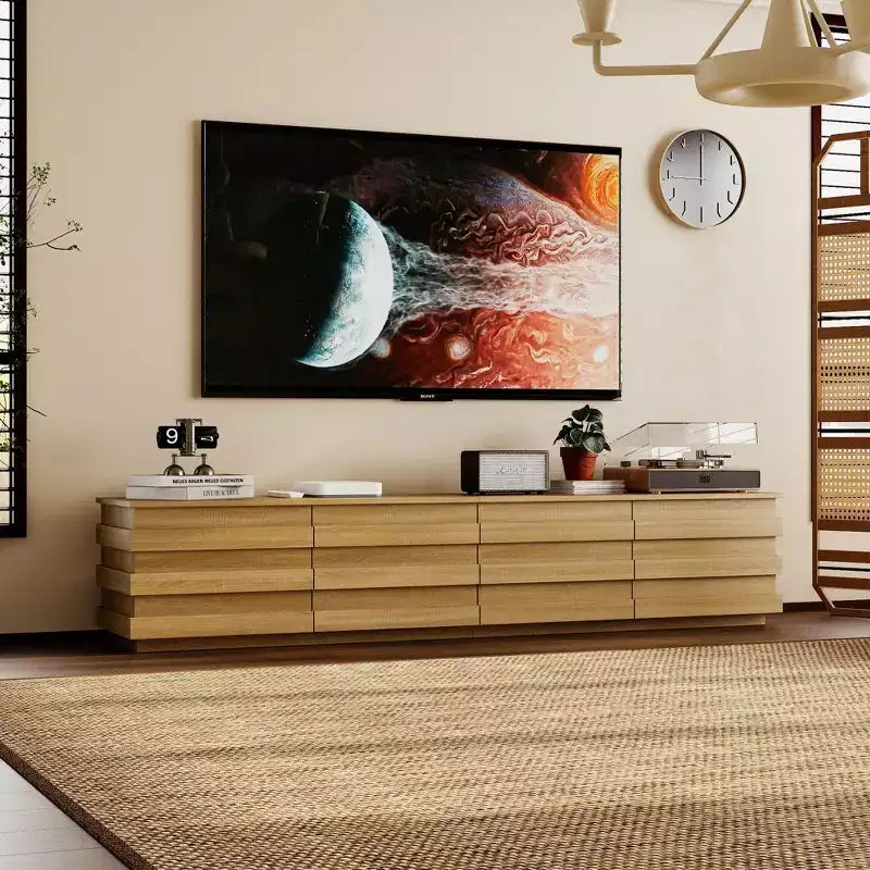 Meuble TV en bois avec bandes décoratives et tiroirs multiples, 78,7 po de large