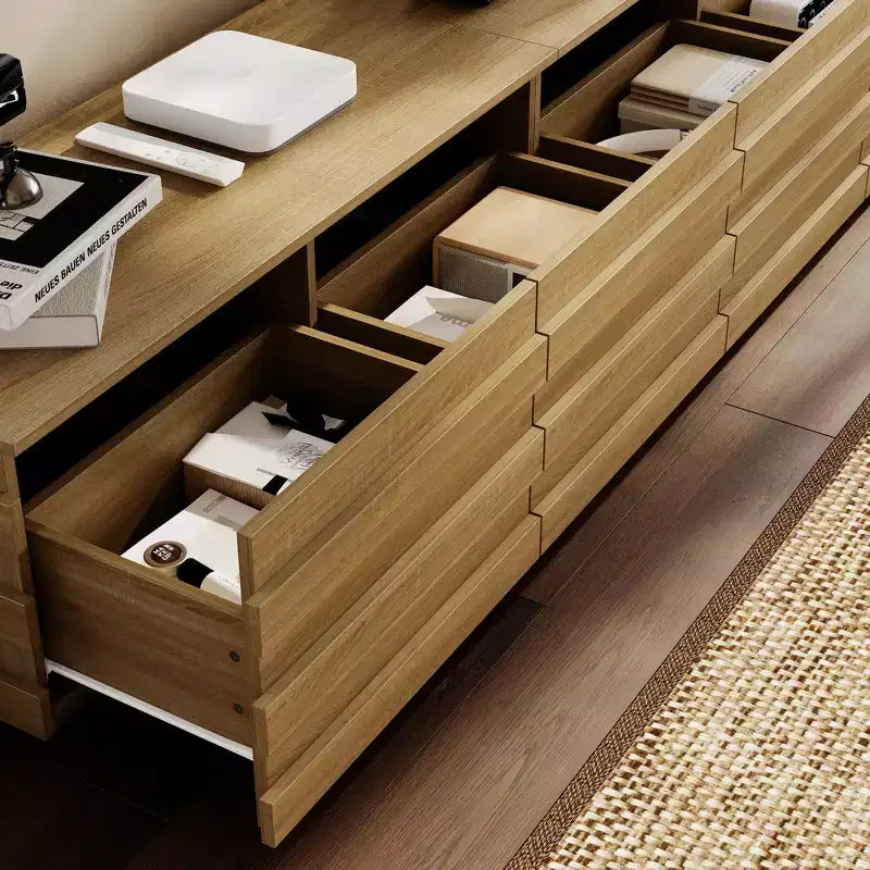 Meuble TV en bois avec bandes décoratives et tiroirs multiples, 78,7 po de large