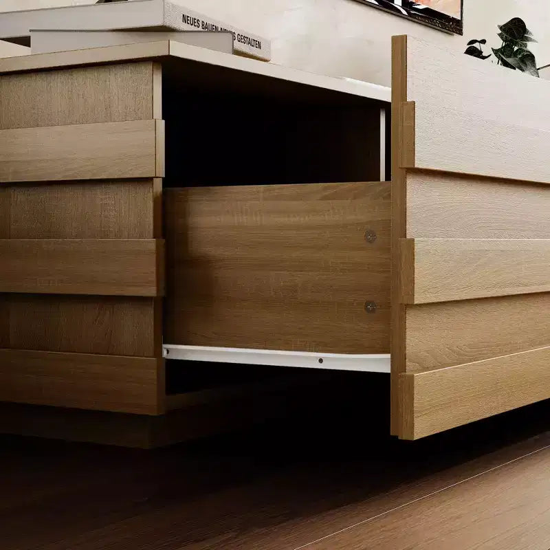 Meuble TV en bois avec bandes décoratives et tiroirs multiples, 78,7 po de large
