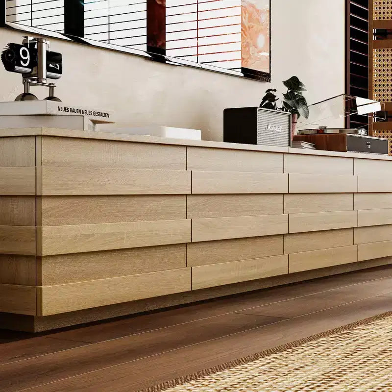 Meuble TV en bois avec bandes décoratives et tiroirs multiples, 78,7 po de large