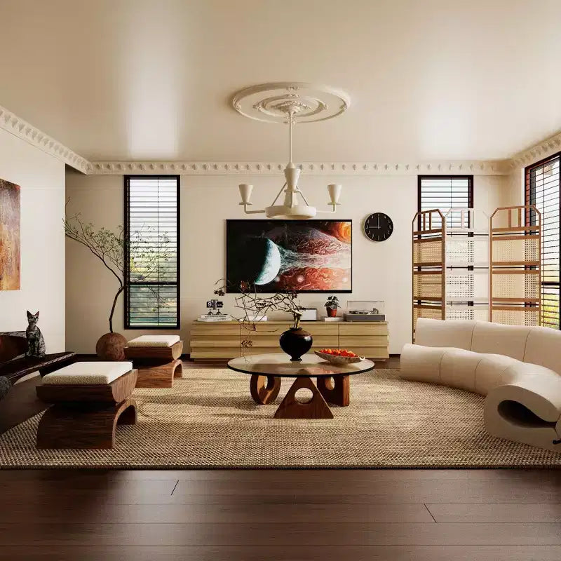 Meuble TV en bois avec bandes décoratives et tiroirs multiples, 78,7 po de large