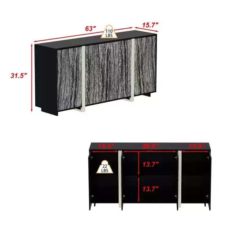 Buffet en bois avec portes vitrées, éclairage intégré et 6 étagères, 63"L