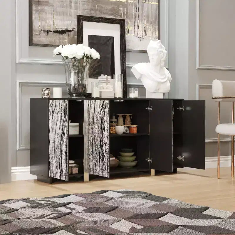 Buffet en bois avec portes vitrées, éclairage intégré et 6 étagères, 63"L