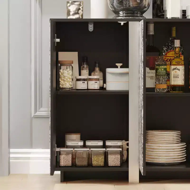 Buffet en bois avec portes vitrées, éclairage intégré et 6 étagères, 63"L