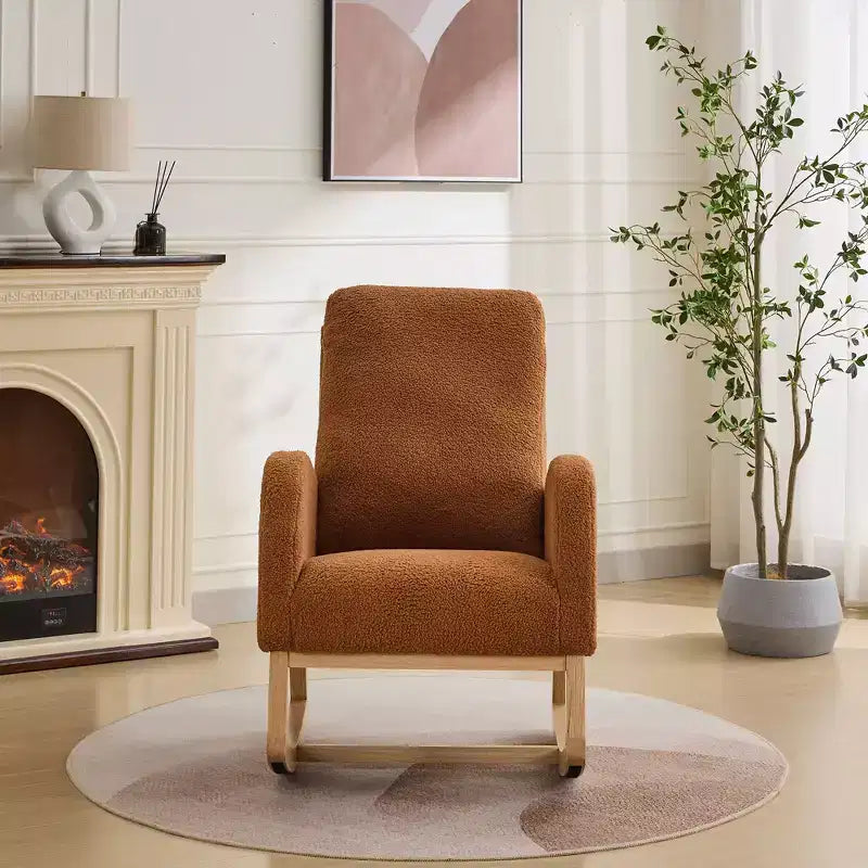 Fauteuil à bascule d'appoint à dossier haut en polyester avec cadre en bois et poche latérale 37"L
