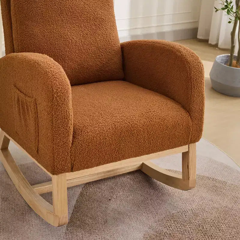 Fauteuil à bascule d'appoint à dossier haut en polyester avec cadre en bois et poche latérale 37"L
