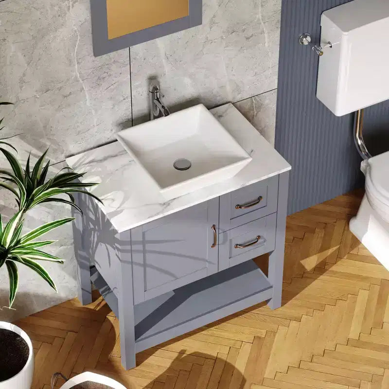 Meuble-lavabo de salle de bain en bois avec évier à motif marbre, miroir, robinet et drain 30"L