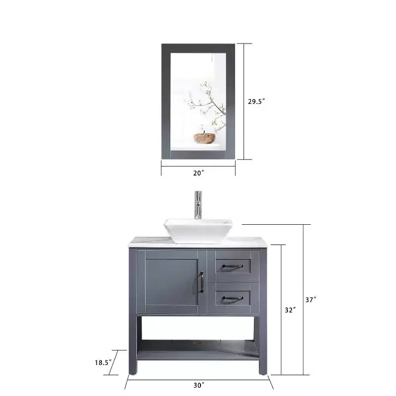 Meuble-lavabo de salle de bain en bois avec évier à motif marbre, miroir, robinet et drain 30"L