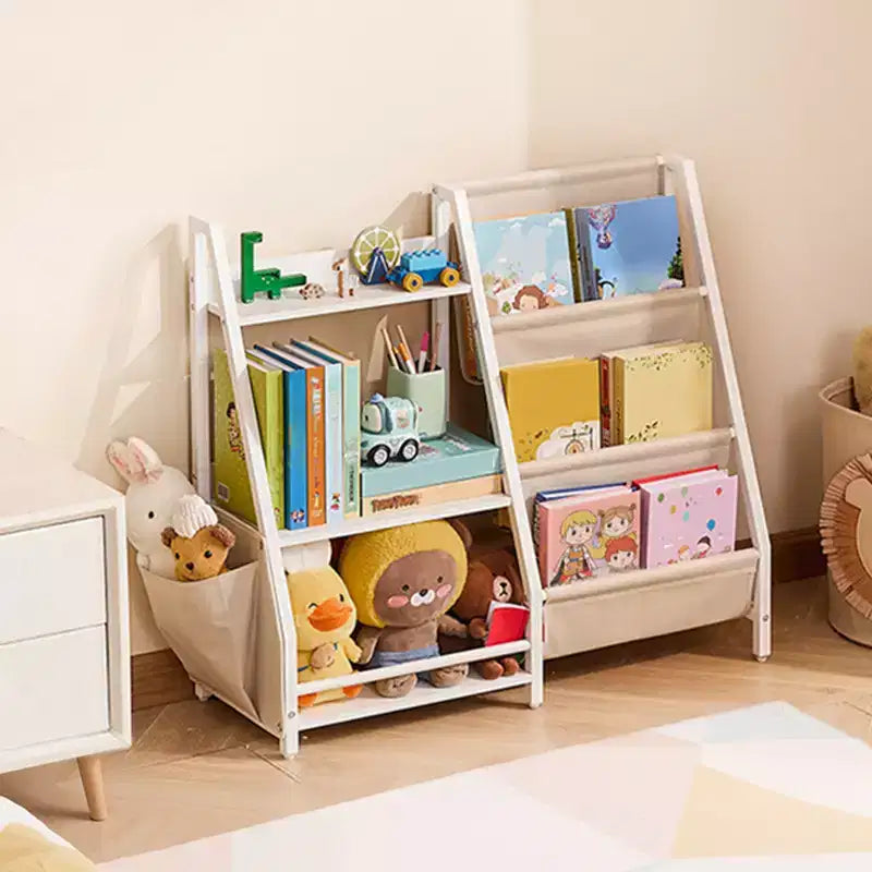 Étagère à livres 3 niveaux pour enfants en bois avec pochettes de rangement et sac de rangement intégré