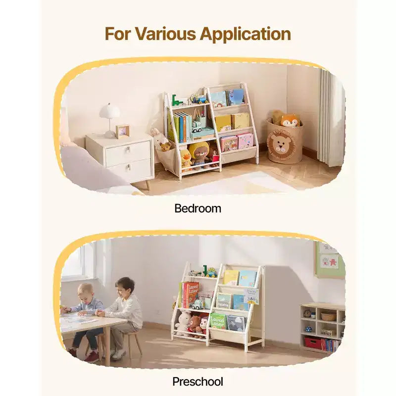 Étagère à livres 3 niveaux pour enfants en bois avec pochettes de rangement et sac de rangement intégré