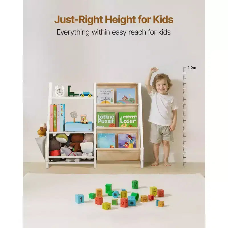 Étagère à livres 3 niveaux pour enfants en bois avec pochettes de rangement et sac de rangement intégré