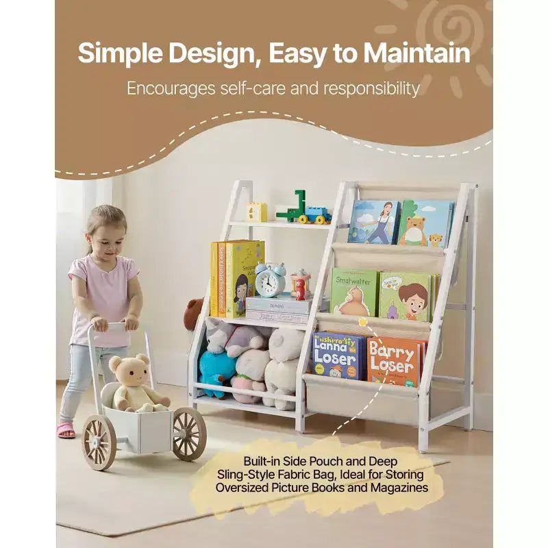 Étagère à livres 3 niveaux pour enfants en bois avec pochettes de rangement et sac de rangement intégré