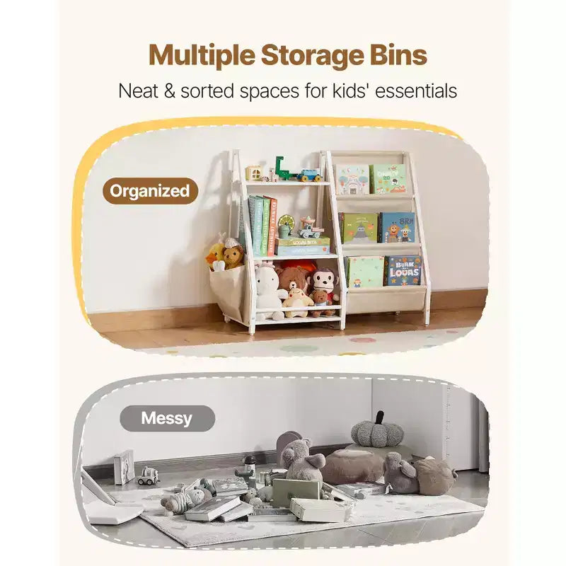 Étagère à livres 3 niveaux pour enfants en bois avec pochettes de rangement et sac de rangement intégré