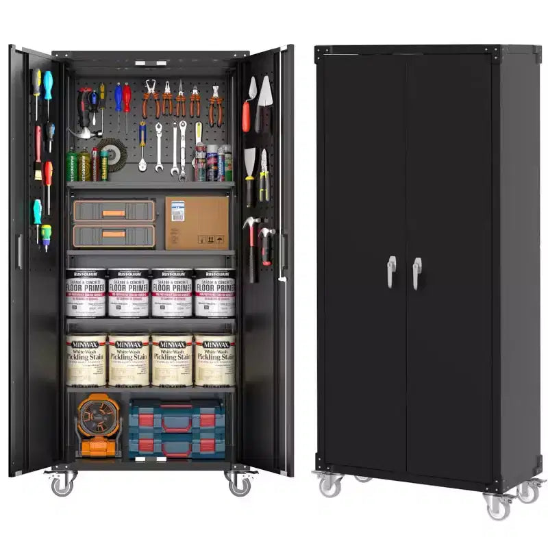 Armoire de rangement de garage verrouillable en acier avec panneau perforé 4 étagères réglables et roues 182 cm H