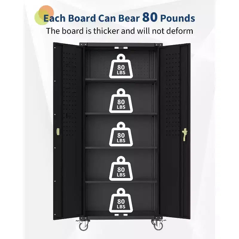 Armoire de rangement de garage verrouillable en acier avec panneau perforé 4 étagères réglables et roues 182 cm H
