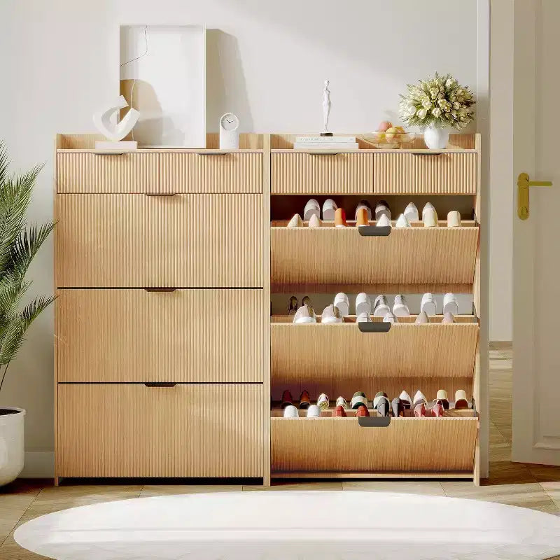 Meuble à chaussures étroit en panneaux de particules avec 2 tiroirs basculants et étagère réglable 80 cm (L)
