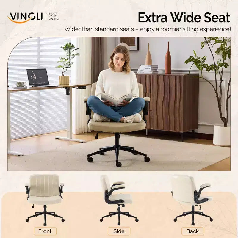 Fauteuil de bureau pivotant en bois laminé et cuir synthétique à piètement croisé avec accoudoirs relevables de 76,4 cm de large