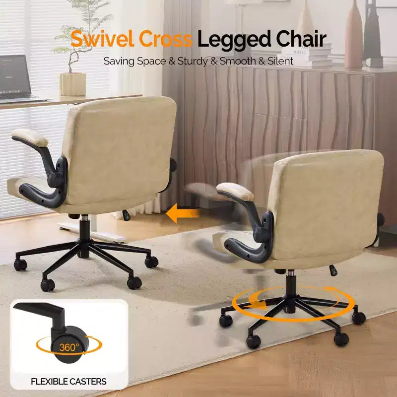 Fauteuil de bureau pivotant en bois laminé et cuir synthétique à piètement croisé avec accoudoirs relevables de 76,4 cm de large