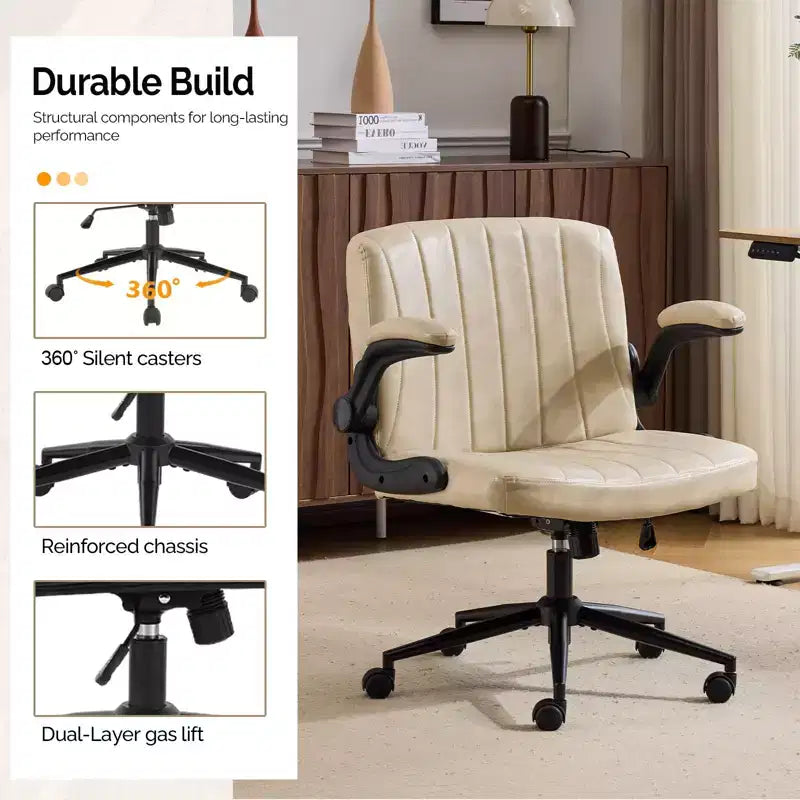 Fauteuil de bureau pivotant en bois laminé et cuir synthétique à piètement croisé avec accoudoirs relevables de 76,4 cm de large
