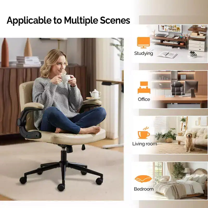 Fauteuil de bureau pivotant en bois laminé et cuir synthétique à piètement croisé avec accoudoirs relevables de 76,4 cm de large