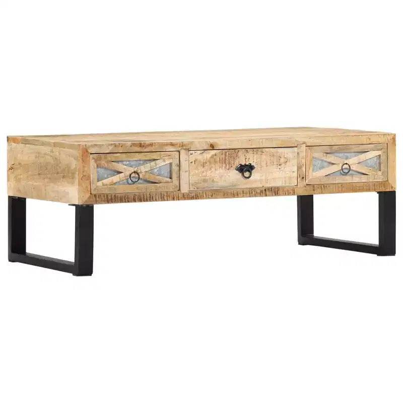 Table basse rectangulaire en bois de manguier avec pieds en acier galvanisé et 3 tiroirs 110 cm (L) x 50 cm (l)