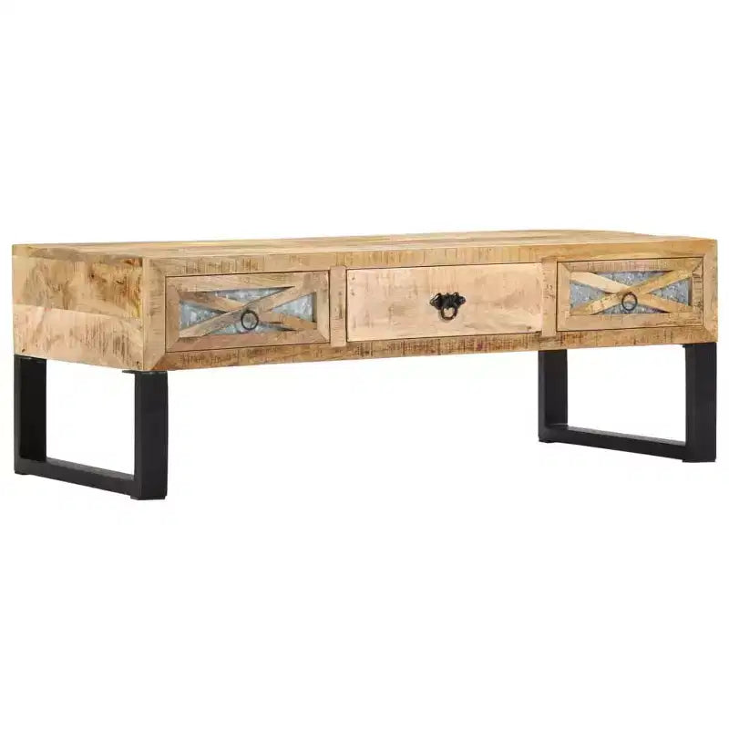 Table basse rectangulaire en bois de manguier avec pieds en acier galvanisé et 3 tiroirs 110 cm (L) x 50 cm (l)