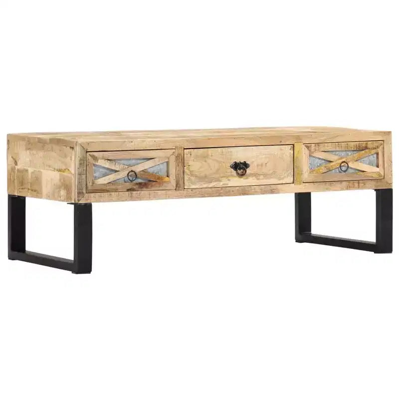 Table basse rectangulaire en bois de manguier avec pieds en acier galvanisé et 3 tiroirs 110 cm (L) x 50 cm (l)