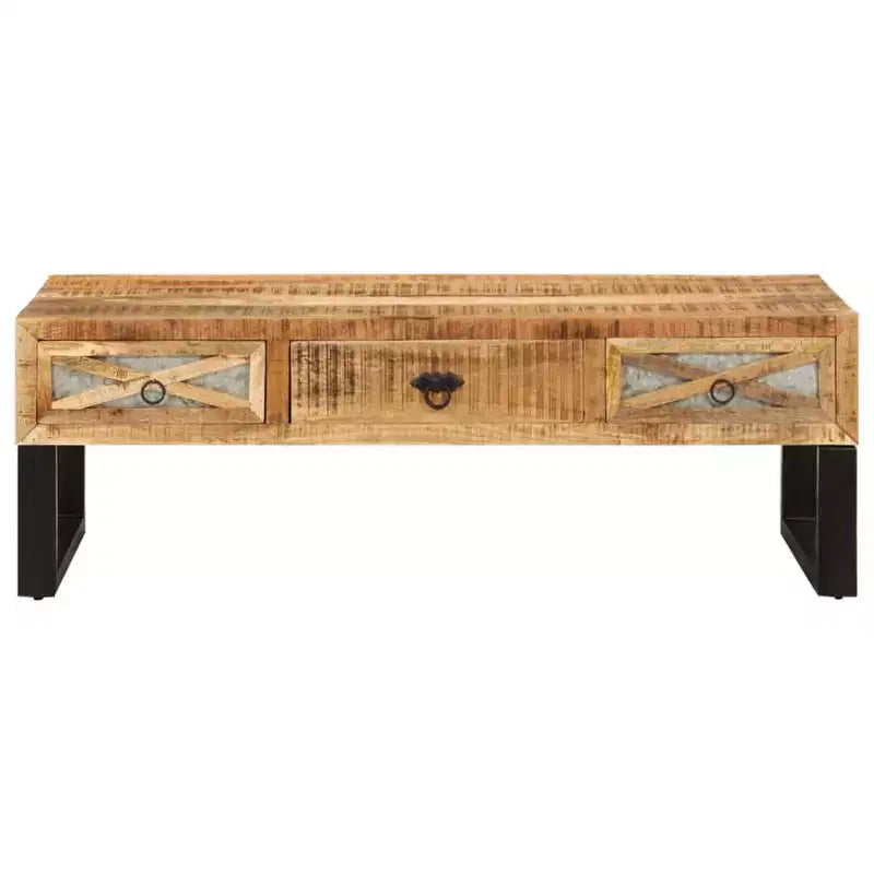 Table basse rectangulaire en bois de manguier avec pieds en acier galvanisé et 3 tiroirs 110 cm (L) x 50 cm (l)