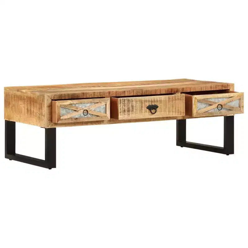 Table basse rectangulaire en bois de manguier avec pieds en acier galvanisé et 3 tiroirs 110 cm (L) x 50 cm (l)
