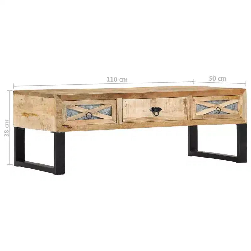 Table basse rectangulaire en bois de manguier avec pieds en acier galvanisé et 3 tiroirs 110 cm (L) x 50 cm (l)