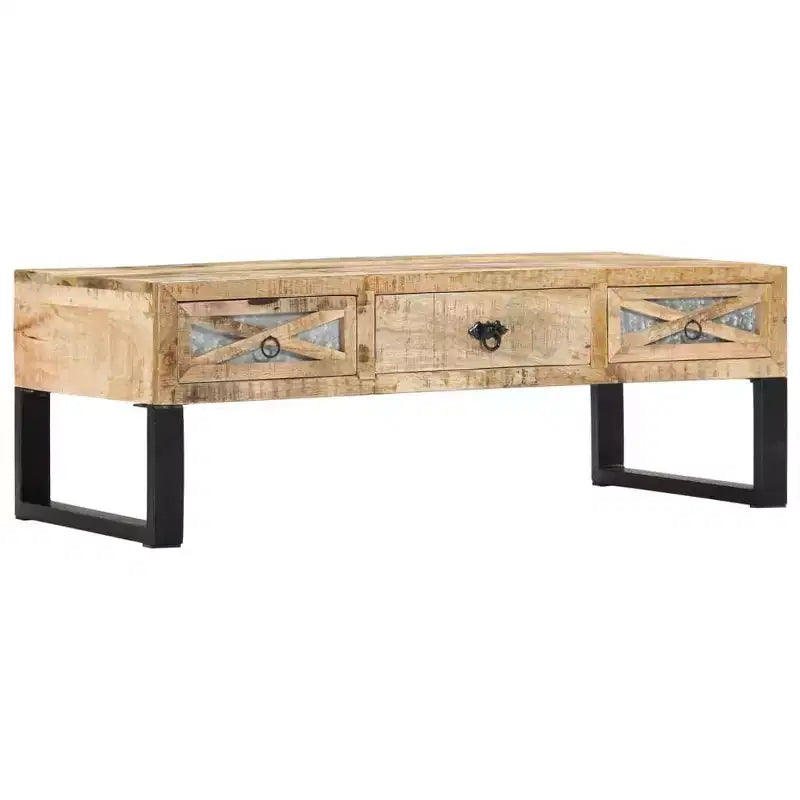 Table basse rectangulaire en bois de manguier avec pieds en acier galvanisé et 3 tiroirs 110 cm (L) x 50 cm (l)