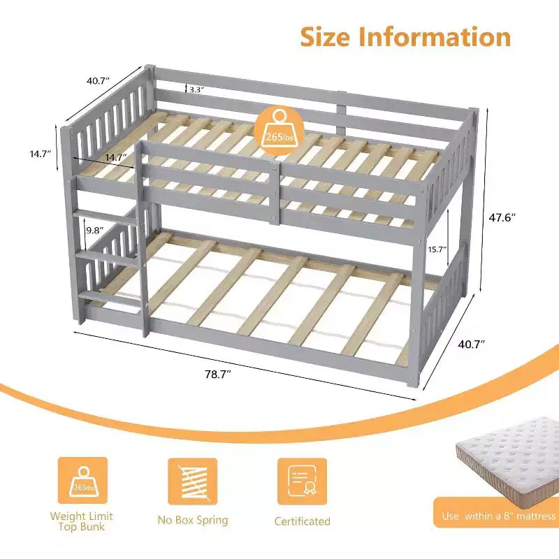 Lit superposé bas en pin, deux lits simples, avec barrières de sécurité et échelle 79"L x 42"W x 47"H