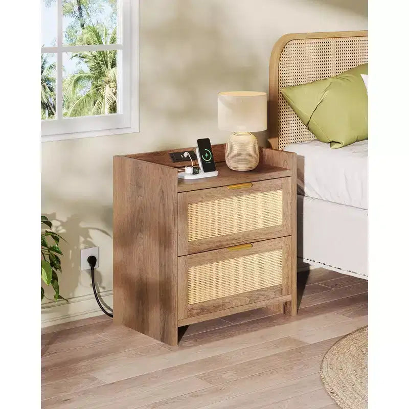Table de chevet 2 tiroirs en bois et rotin avec station de charge L 60 x H 63,2 cm