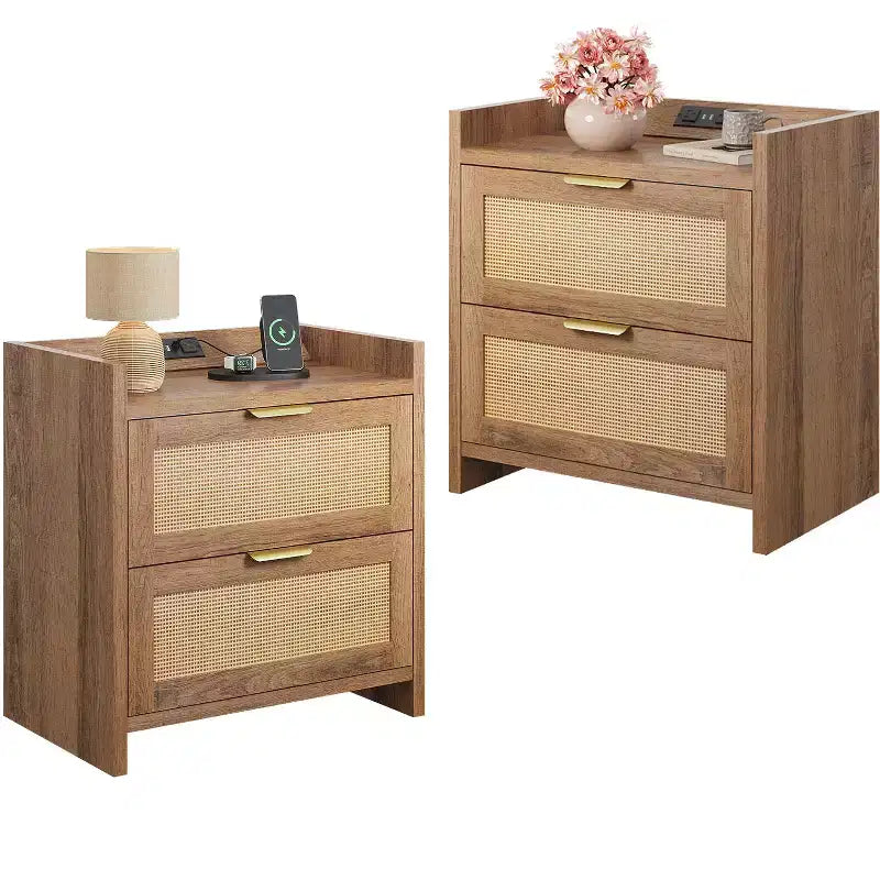 Table de chevet 2 tiroirs en bois et rotin avec station de charge L 60 x H 63,2 cm