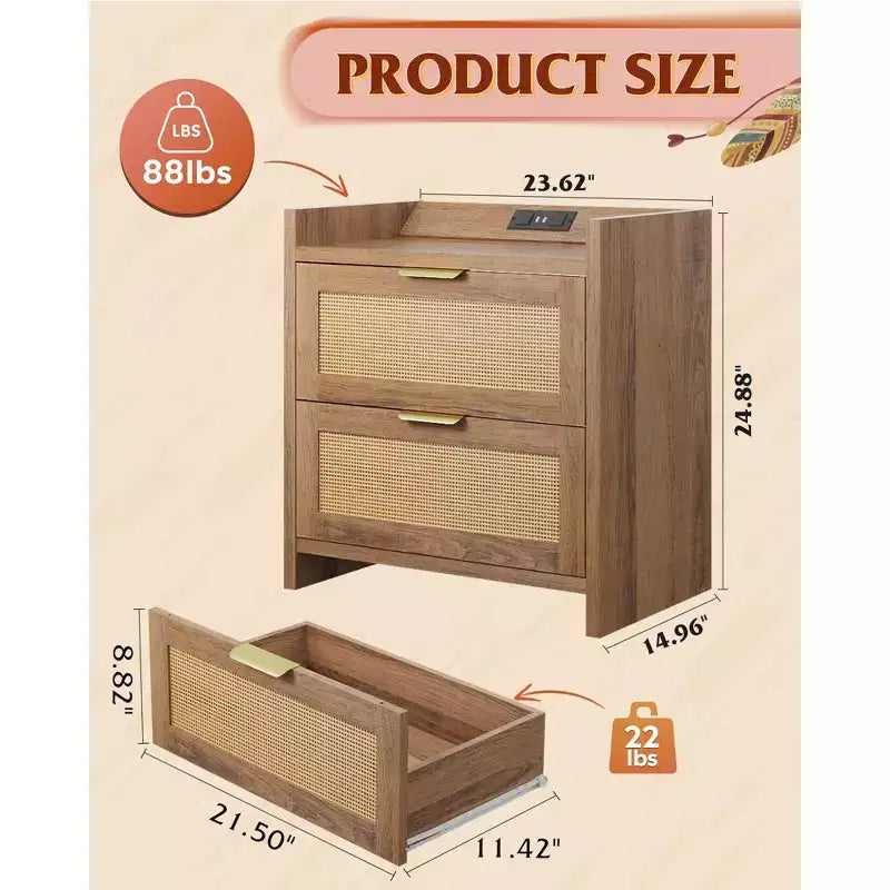 Table de chevet 2 tiroirs en bois et rotin avec station de charge L 60 x H 63,2 cm