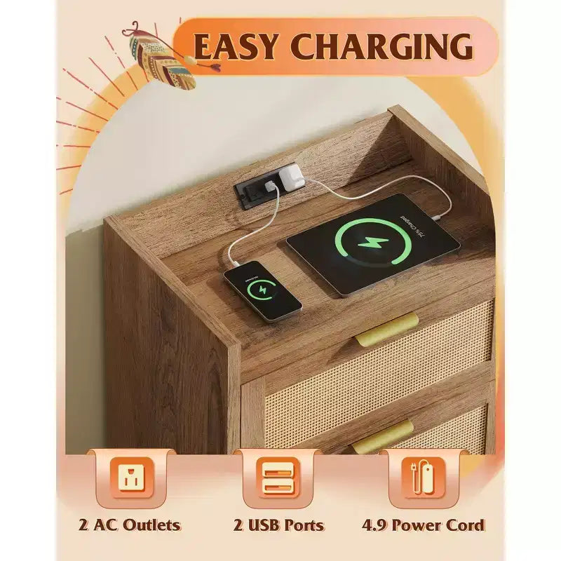 Table de chevet 2 tiroirs en bois et rotin avec station de charge L 60 x H 63,2 cm