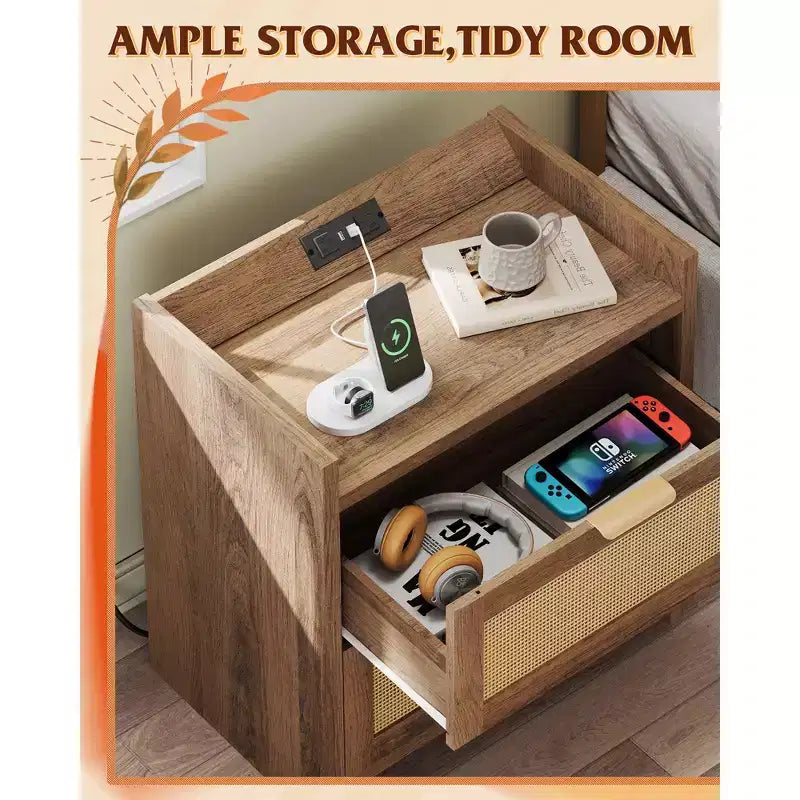 Table de chevet 2 tiroirs en bois et rotin avec station de charge L 60 x H 63,2 cm