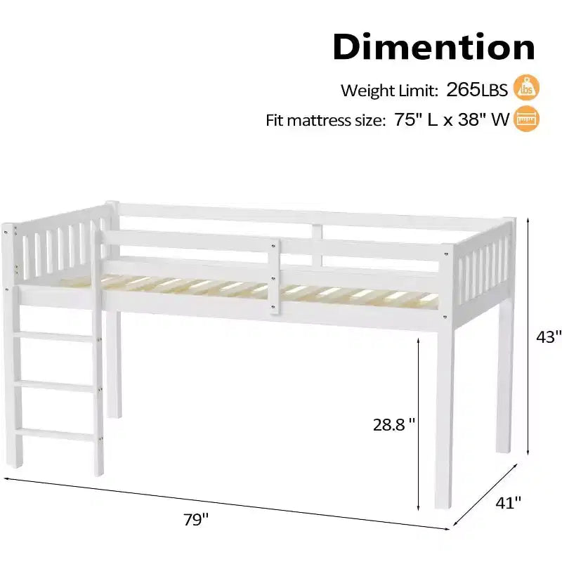 Lit surélevé bas jumeau en bois de pin avec garde-corps et échelle 79"L x 41"l x 43"H
